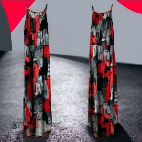 CATO Women XS 2/4 Black & Red Brushstroke High Low Sleeveless Strappy Maxi Dress - Picture 6 of 6